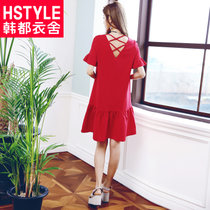 韩都衣舍17夏装新款韩版女装镂空露背装荷叶边雪纺连衣裙MR6651(红色 L)