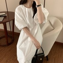 韩国ins简约娃娃蓬蓬袖圆领休闲宽松高腰纯色连衣裙(白色 均码)
