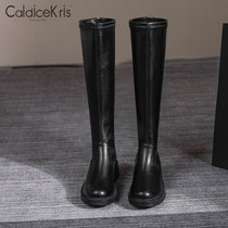 CaldiceKris（中国CK）圆头粗跟长筒靴女显瘦弹力靴女CK-X8966(黑色 34)