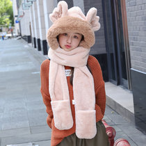 恐龙帽子围巾一体冬季儿童护耳保暖可爱男童女宝宝毛绒手套三件套(儿童天使-驼色 均码（适合2-15岁）)