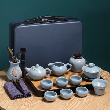 汝窑旅行茶具便携式收纳包家用茶具组合套装日式户外功夫茶壶茶杯汝窑