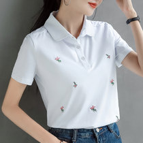 翻领短袖t恤女装2022年新款夏季纯棉薄款t桖中年妈妈白色polo上衣312(白色 XL)