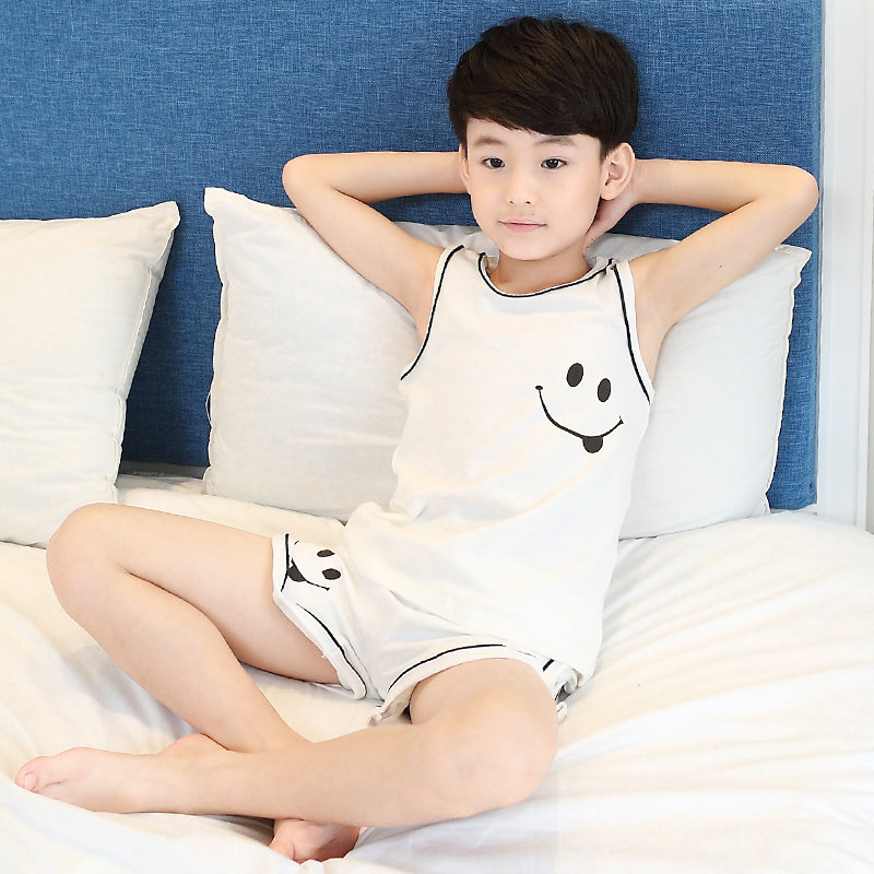 夏季中大童短袖纯棉薄款空调服小男孩背心套装(150cm)(白色)图片大全