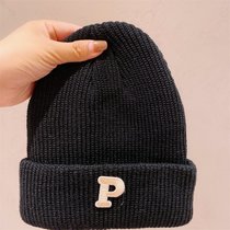 SUNTEKins克莱因蓝色针织帽子冷帽保暖百搭冬季P字母纯色男女加厚毛线帽(M（56-58cm） 黑色)