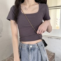 SUNTEK方领t恤短袖2022新款女装夏季纯色短款修身上衣服辣妹风ins潮(L 100-120斤 紫灰色 短袖)