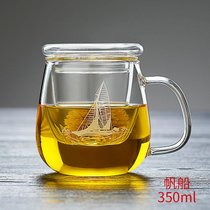 加厚耐热玻璃杯水杯子办公室女带盖花茶杯带把过滤茶水分离泡茶杯7xz(【加厚】350ML玲珑杯（帆船）)