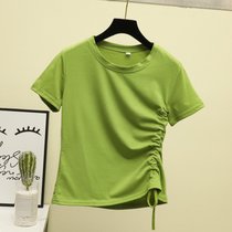 SUNTEK短款T恤女夏装心机小众设计感2022新款韩国学生高腰露脐短袖上衣(XXL 301#绿色【抽绳纯色】)