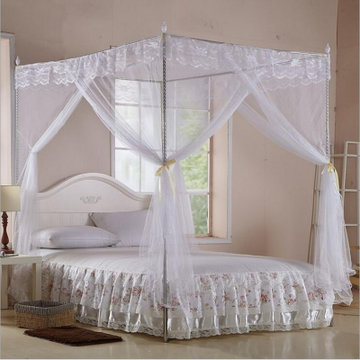 韩式公主风 三开门加粗加厚不锈钢落地式方顶双人床蚊帐(白色a款)