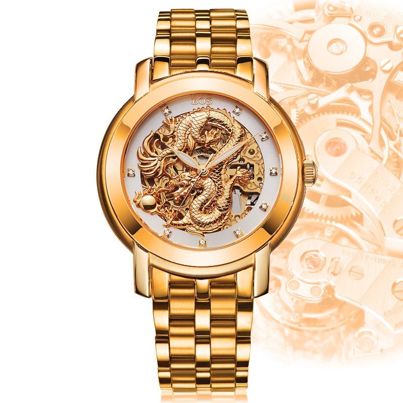 【9007时尚品牌表间金白面钢带图片】bos宝斯男士土豪金手表 商务镂空