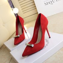性感绒面黑色高跟鞋尖头细跟红婚鞋钻秋新款时尚超高跟鞋工作单鞋(38)(红色1268-11)