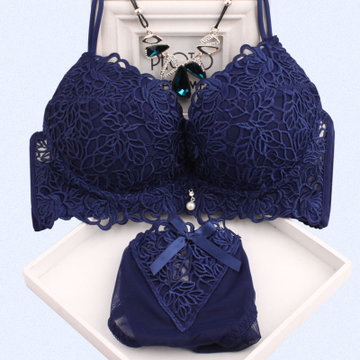 日系聚拢蕾丝女士内衣套装 镂空玫瑰花性感深v少女文胸套装(宝蓝色 34