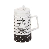 洁雅杰起航系列创意陶瓷杯子情侣水杯咖啡杯带盖带勺马克杯牛奶杯 帆