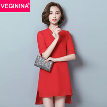 VEGININA 新款V领手工钉珠中长款雪纺短袖连衣裙 9782(红色 XXL)