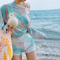 韩国分体泳衣游泳度假仙女范两件套小胸聚拢少女学生保守温泉泳装(8277 绿色三件套 XL（建议110-120斤）)