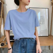 SUNTEK白色t恤女短袖2022年春夏新款韩版宽松简约体恤打底衫女内搭上衣(M （70-100斤) 宝蓝)