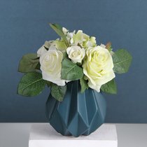 北欧陶瓷折纸花瓶莫兰迪花器仿真花艺玫瑰套装客厅玄关装饰摆件(墨蓝花瓶+白绿玫瑰把束)