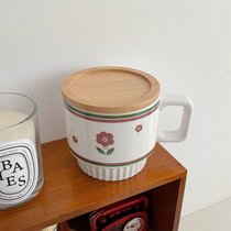 穆尼*韩式ins风樱桃马克杯可爱陶瓷水杯早餐牛奶咖啡杯子带盖带勺(小花马克杯+杯盖)
