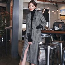 2017冬季新款韩版两件套气质西装毛呢外套修身包臀裙套装女