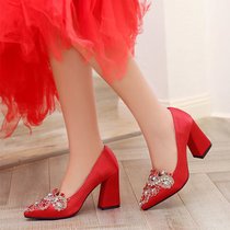 2017春季红色婚鞋女尖头粗跟高跟鞋夏中式红鞋新娘鞋子绣花秀禾鞋(37)(红色B款9.5cm)