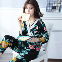 夏季薄款长袖棉绸睡衣女士套装韩版大码人造棉空调家居服绵绸春秋(8032-黑色百合花 XXXL)