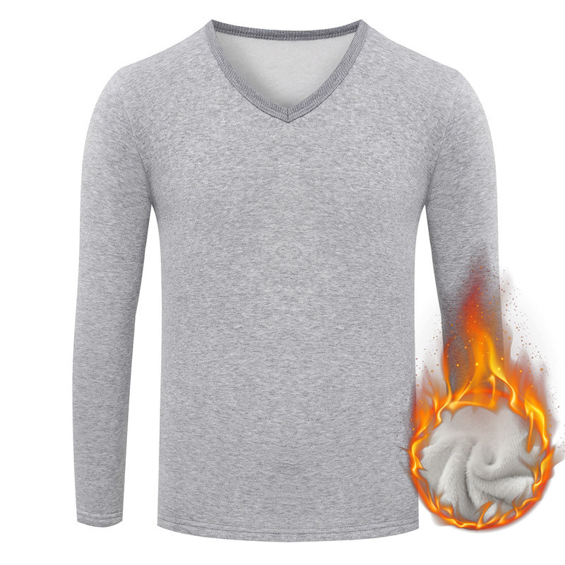 秋冬新款纯色加绒男士长袖t恤不倒绒加厚保暖衣服d813v领浅灰xl