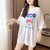 【灵薇雅】夏季韩版新款卡通叮当猫印花珠片刺绣宽松中长款纯棉圆领短袖T恤衫(蓝色 XL)