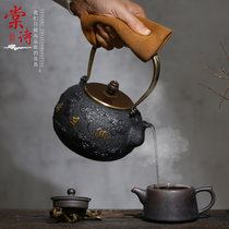 棠诗茶道 六字真言鎏金铁壶无涂层日本南部铁器煮水壶描金铁茶具