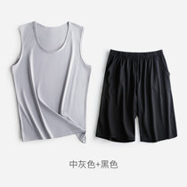 夏季冰丝睡衣男背心居家服套装宽松休闲薄款透气网孔可外穿家居服(粉红色 L)