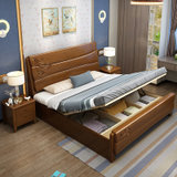 吉木多 橡胶木实木床新中式1.8米1.5米双人床经济型主卧婚床 颜色拍下备注(1.8*2米（雕花款） 床+床头柜*1)