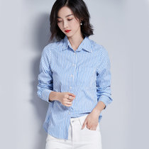 MISS LISA春夏装新款小清新休闲蓝白条纹衬衫立领衬衣长袖K1020(蓝色 S)