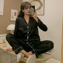 SUNTEK冰丝睡衣女装大码春秋2021年新款夏季薄款两件套装家居服长袖长裤(黑色)