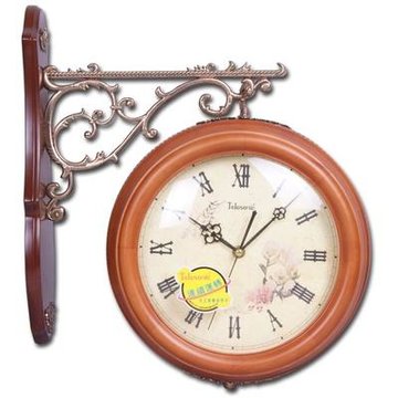 天王星钟表创意时尚双面钟田园客厅挂钟静音石英钟表欧式实木仿古时钟W8280