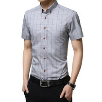 男士夏季格子衬衫 修身男式衬衫棉格子免烫短袖衬衫(灰色 M)
