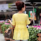 EVEI2013夏季韩版百褶宽松雪纺衫 蕾丝雪纺短袖上衣320979(黄色 XL)