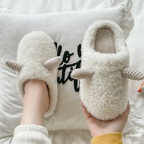 SUNTEK可爱棉拖鞋女冬季卡通室内居家居保暖防滑厚底情侣毛毛拖鞋男冬天(36-37【适合35-36码】 米白【?喜羊羊】)