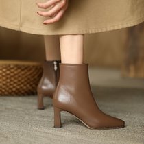 SUNTEK一代佳人靴子女2021秋冬新款高跟鞋粗跟气质加绒时尚短靴妈妈女鞋(36 咖色 7CM)