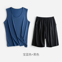 夏季冰丝睡衣男背心居家服套装宽松休闲薄款透气网孔可外穿家居服(蓝色 L)