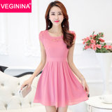 VEGININA 修身收腰显瘦雪纺连衣裙 9522(粉红色 M)
