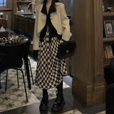 nnJFu方几 高阶棋盘格 高腰显瘦格子半身裙女复古设计感a字长裙秋(棋盘格 S)