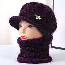 冬季新款中老年帽子女针织毛线帽女士加绒保暖护耳帽子妈妈奶奶帽(南瓜帽紫色【帽子 围脖】 有弹力)