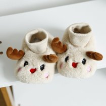 冬宝宝加绒地板鞋袜可爱婴儿鞋超软羊羔绒加绒地板中筒不掉袜套(卡其色 麋鹿-防滑加绒 【S】0-12个月（脚10-12CM）)