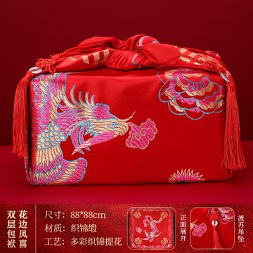 结婚包袱皮新娘陪嫁红色刺绣龙凤大号喜盆包裹布红布婚庆用品绸缎包袱