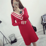 2017秋季新款韩版 性感大V领纯色中长款长袖针织连衣裙女装(红色 均码)