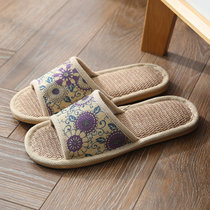 夏亚麻拖鞋女男情侣家居家用室内防滑凉拖鞋(花朵紫色 39-40码【适合38或39脚】)