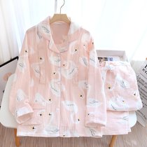 SUNTEK孕妇睡衣女春秋纱布月子服夏季薄款产后5月份4产妇哺乳两件套(绉布翻领米色天鹅)