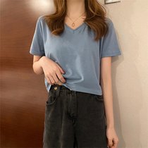 SUNTEK短袖T恤女装2022年春夏季新款韩版洋气百搭V领宽松短款半袖上衣服(XL 蓝色)