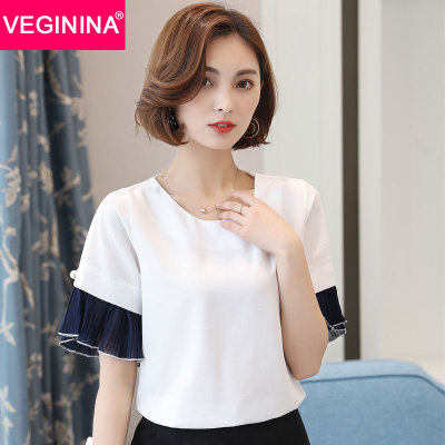 VEGININA 韩版百搭圆领宽松雪纺衫百褶喇叭短袖女上衣潮 9462(米白色 S) VEGININA 韩版百搭圆领宽松雪纺衫百褶喇叭短袖女上衣潮 9462(米白色 S)