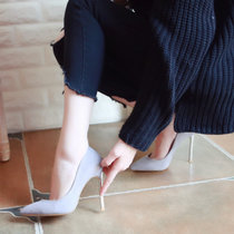 欧美2018春季新款性感高跟鞋细跟尖头显瘦女鞋时尚浅口简约单鞋女(39)(灰色)