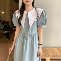 韩系温柔撞色设计感大翻领收腰显瘦泡泡袖中长款连衣裙(湖蓝色 均码)