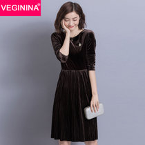 VEGININA 新款圆领显瘦名媛气质丝绒连衣裙 3354(咖啡色 XL)